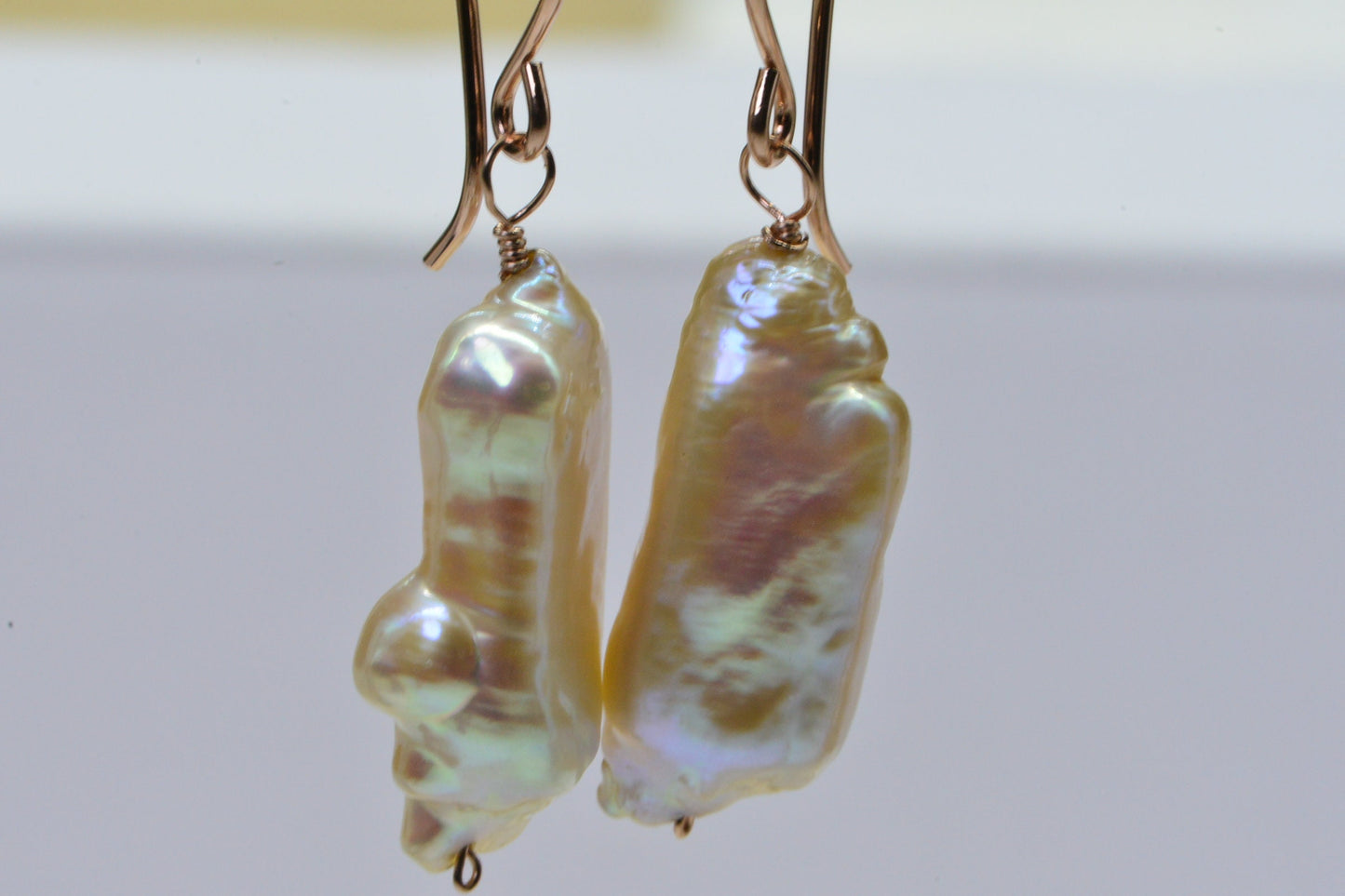 Biwa Pearl Earrings: Long Baroque Rose Gold Filled Jewelry