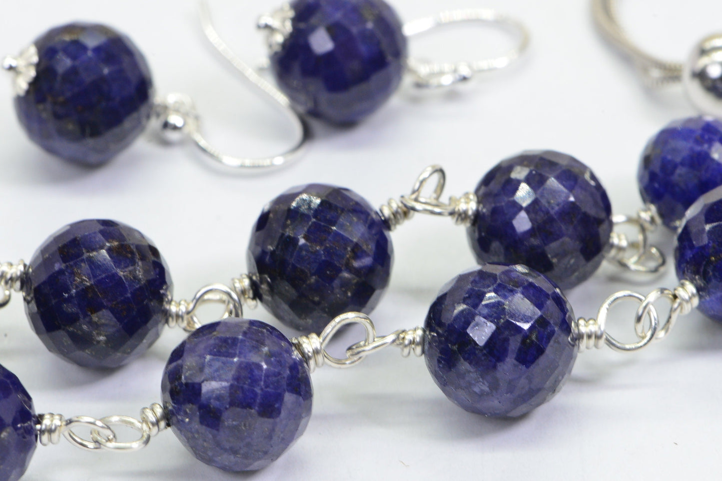Micro Facet Sapphire Gemstone Set Earrings Bracelet Wire Wrapped Sterling Silver Bolo Style Adjustable