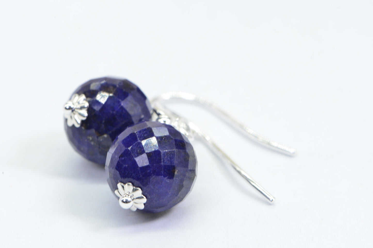 Sterling Silver Sapphire Earrings: Navy Blue Gemstone Ball
