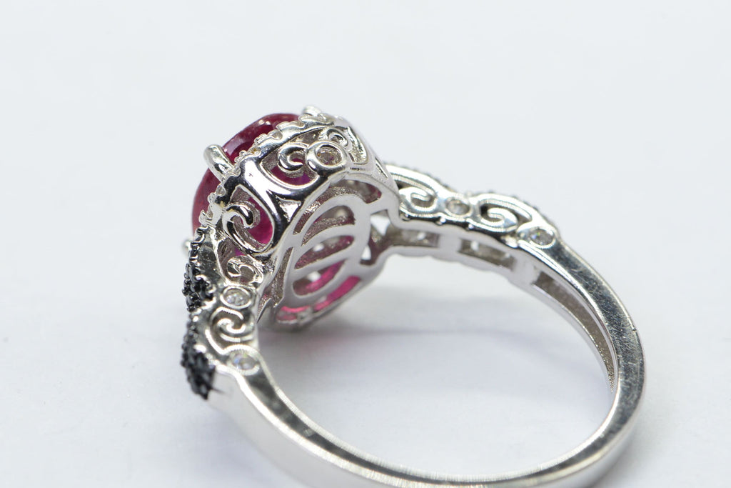 Oval Natural Ruby Black Diamond Ring  Sterling Silver Promise Engagement Ring