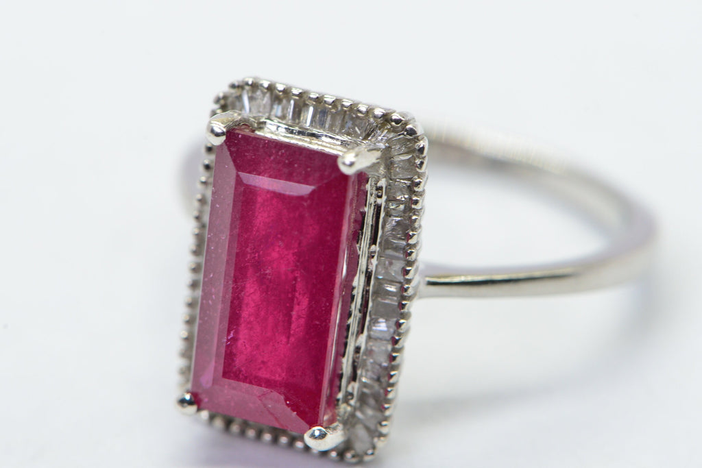 Emerald Cut Natural Ruby Baguette Real Diamond  Ring Sterling Silver Promise Engagement Ring