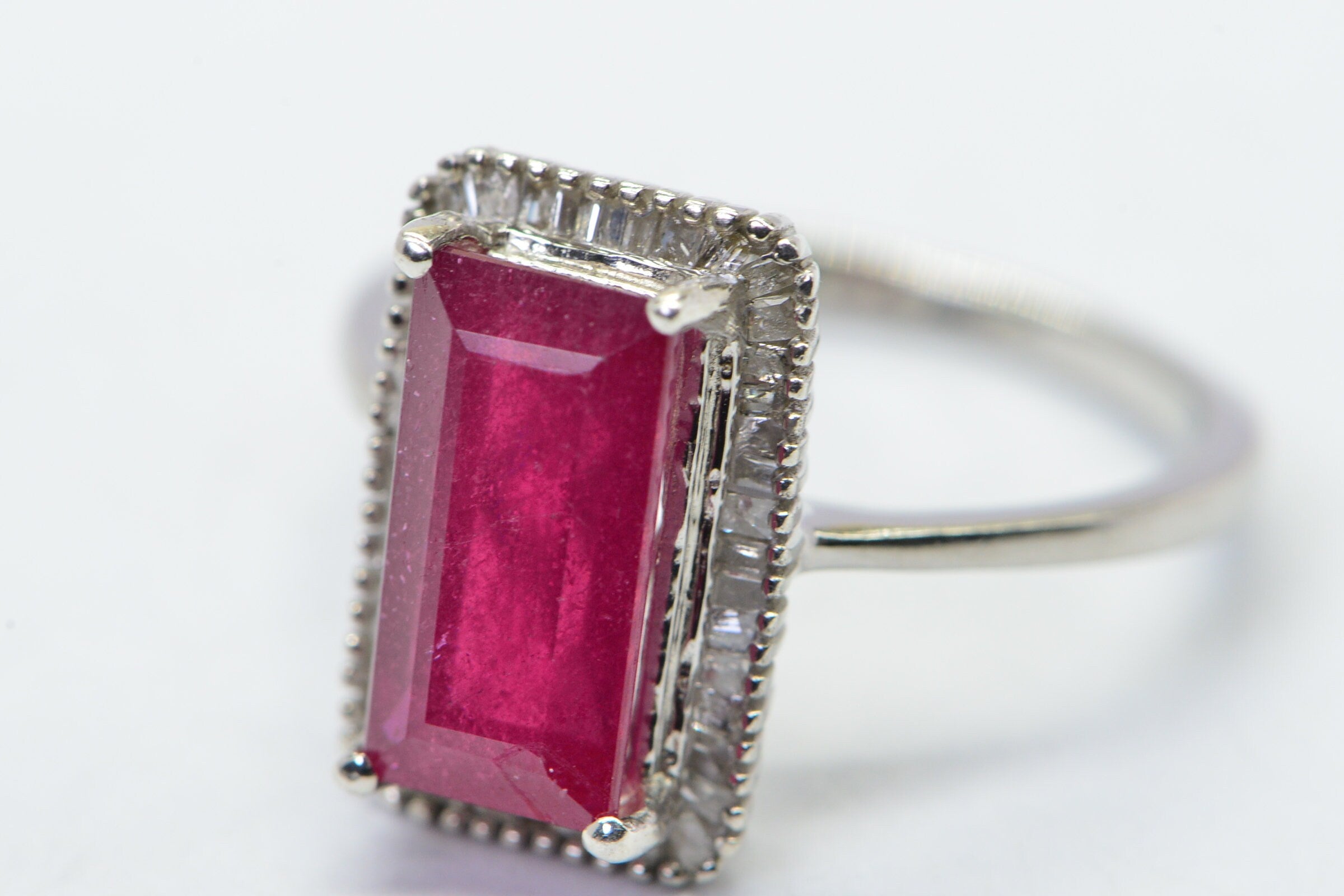 Emerald Cut Natural Ruby Baguette Real Diamond  Ring Sterling Silver Promise Engagement Ring