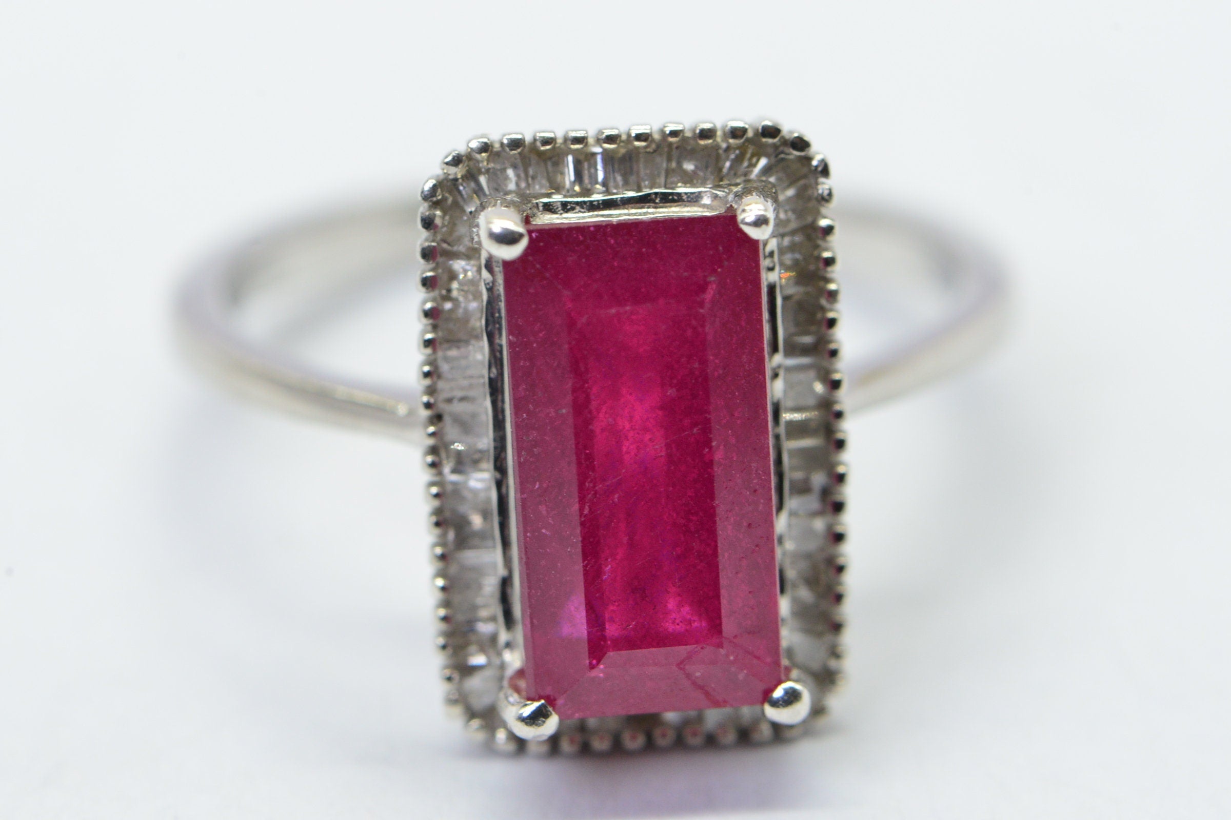Emerald Cut Natural Ruby Baguette Real Diamond  Ring Sterling Silver Promise Engagement Ring