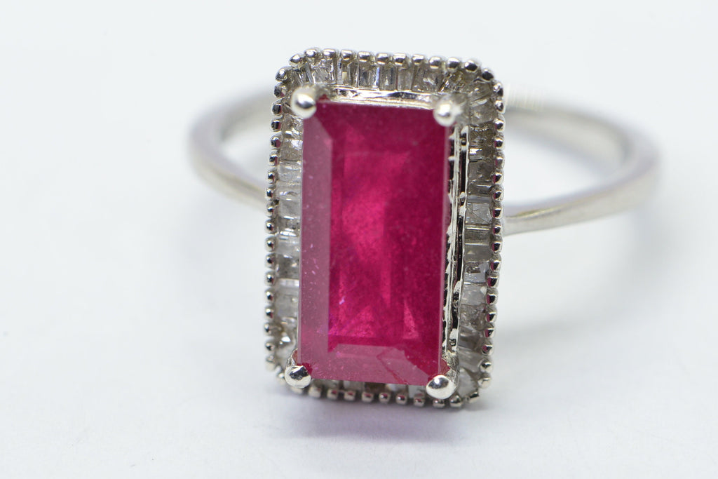 Emerald Cut Natural Ruby Baguette Real Diamond  Ring Sterling Silver Promise Engagement Ring