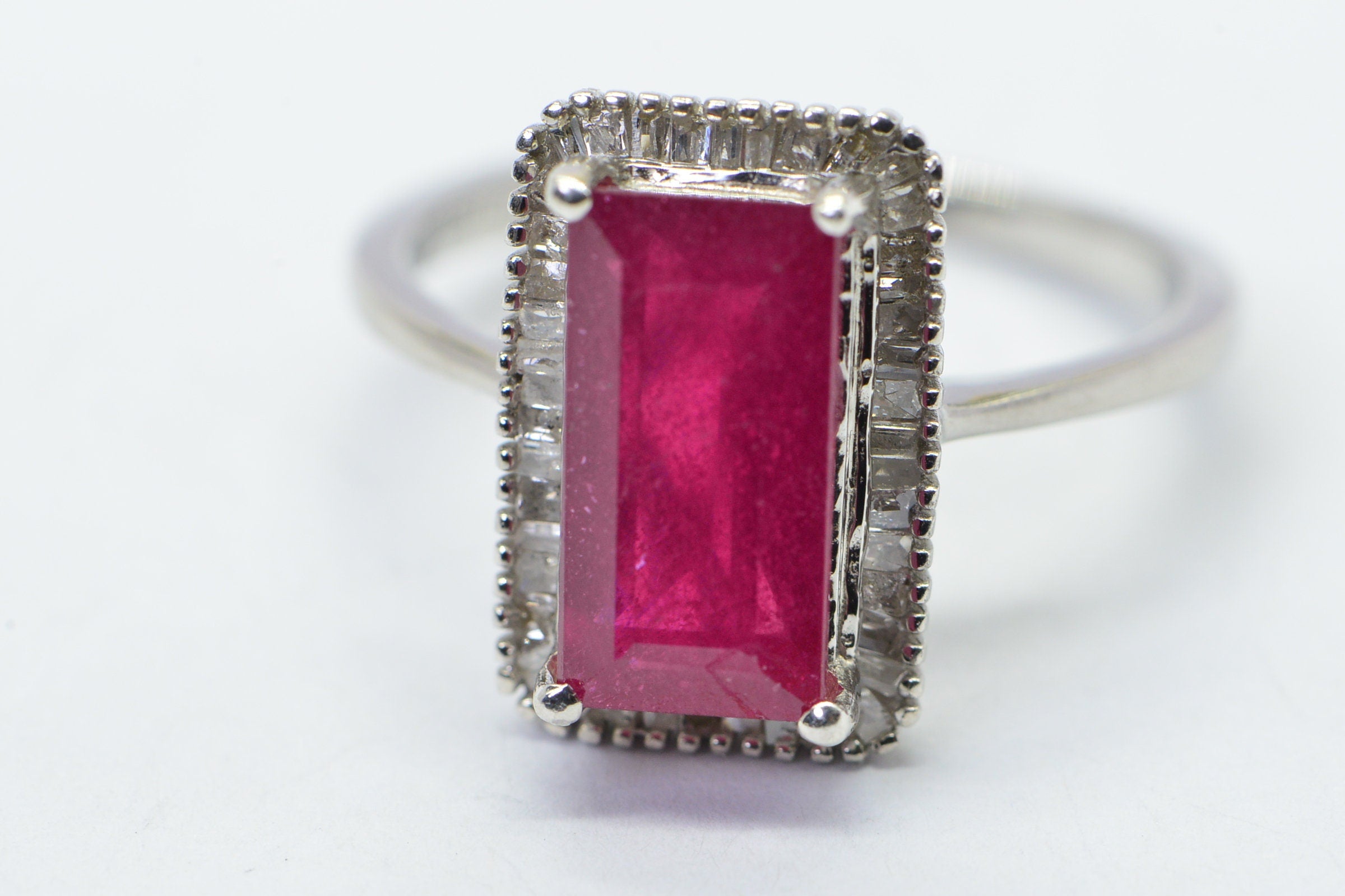 Emerald Cut Natural Ruby Baguette Real Diamond  Ring Sterling Silver Promise Engagement Ring