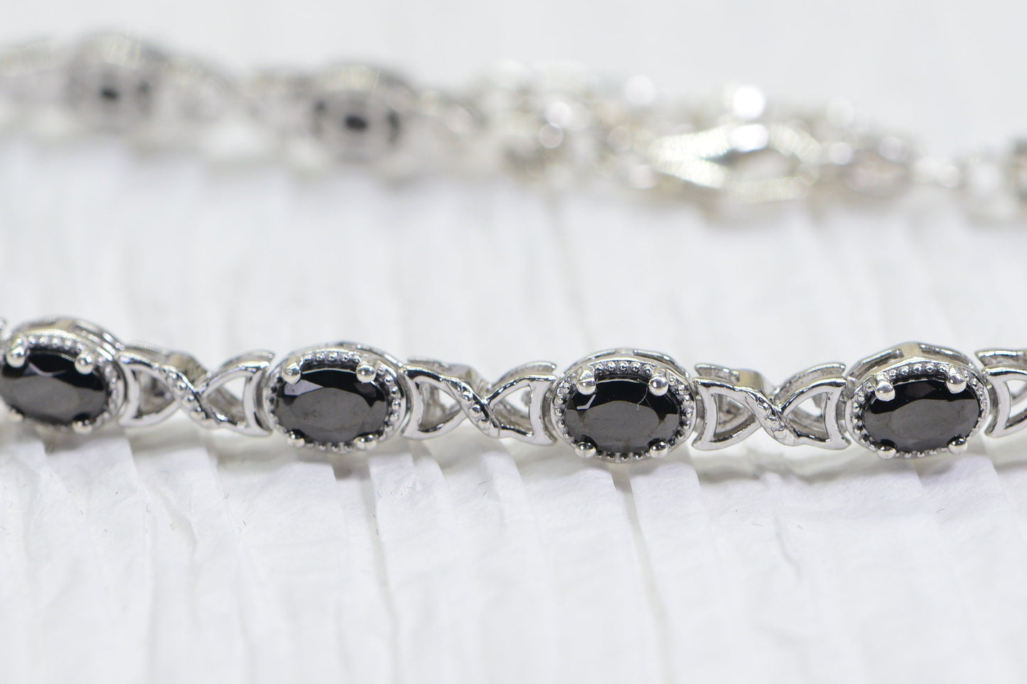 Black Spinel Tennis Bracelet, Platinum Over Sterling Silver, Vintage Style