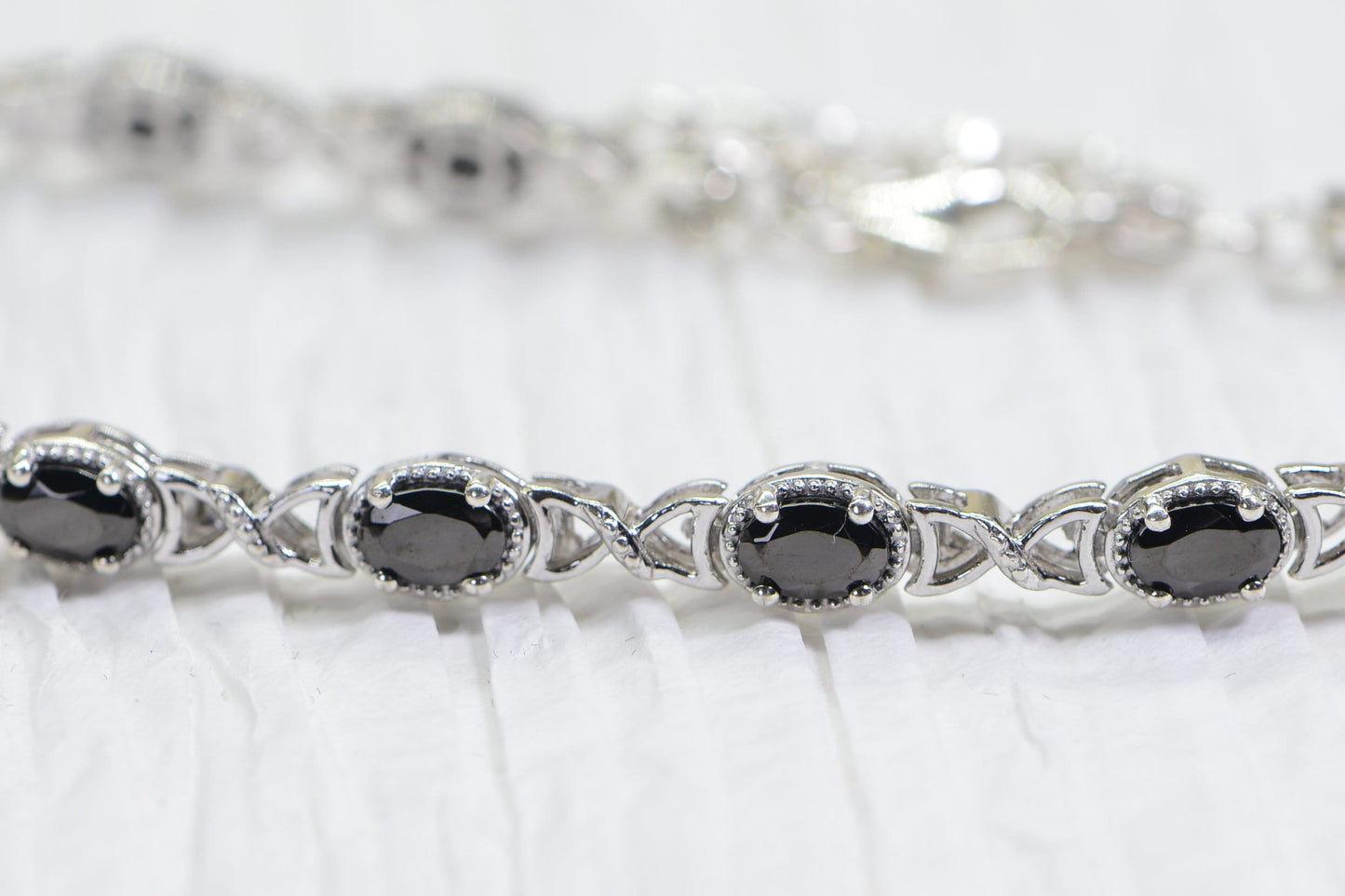 Black Spinel Tennis Bracelet, Platinum Over Sterling Silver, Vintage Style