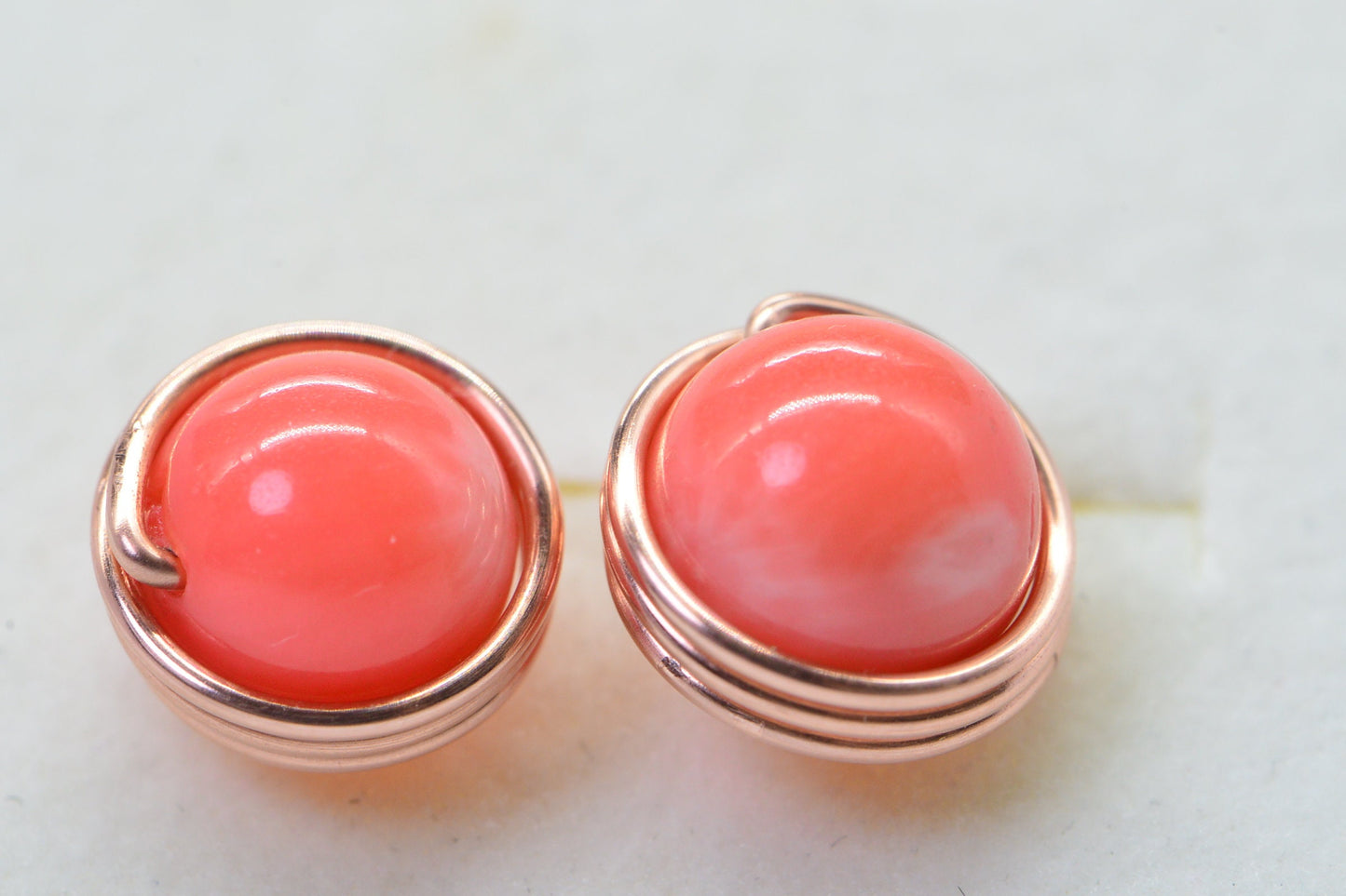 Handmade Copper Wire Wrapped Coral Stud Earrings