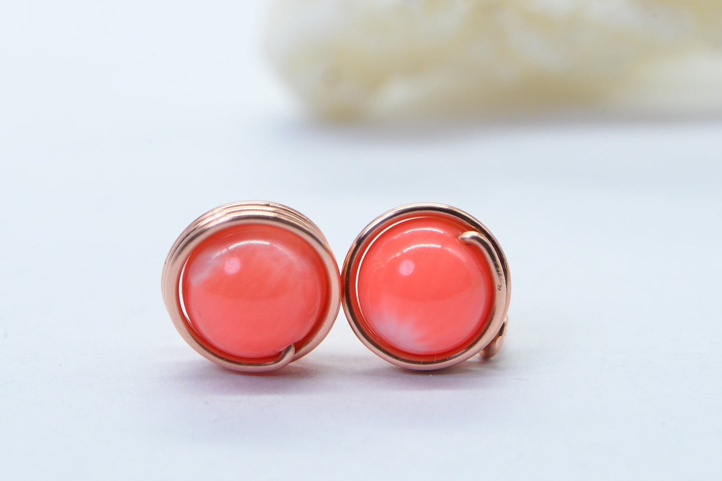 Handmade Copper Wire Wrapped Coral Stud Earrings