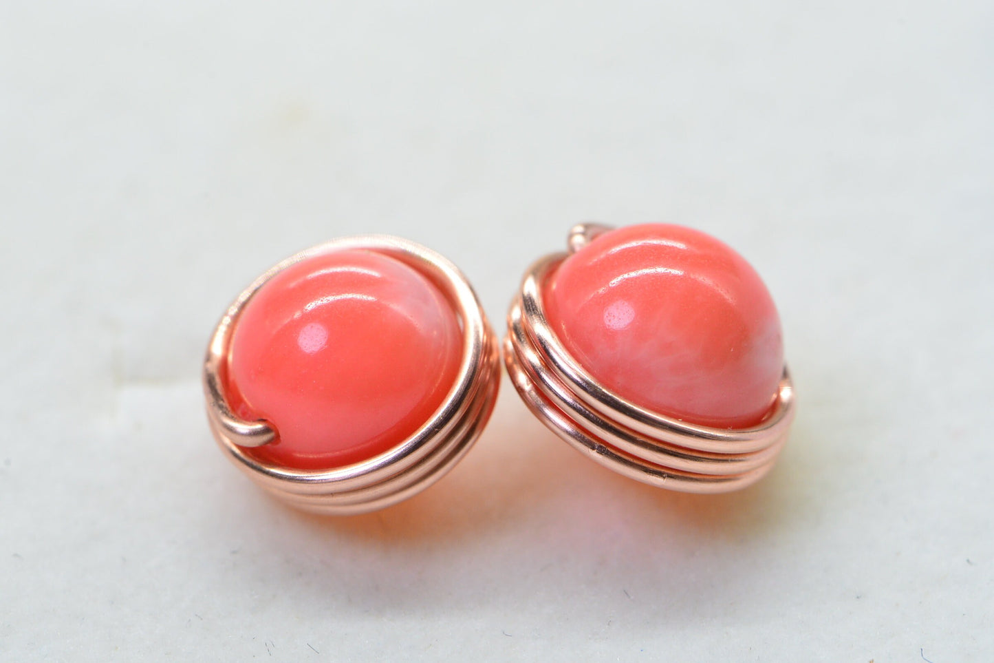 Handmade Copper Wire Wrapped Coral Stud Earrings