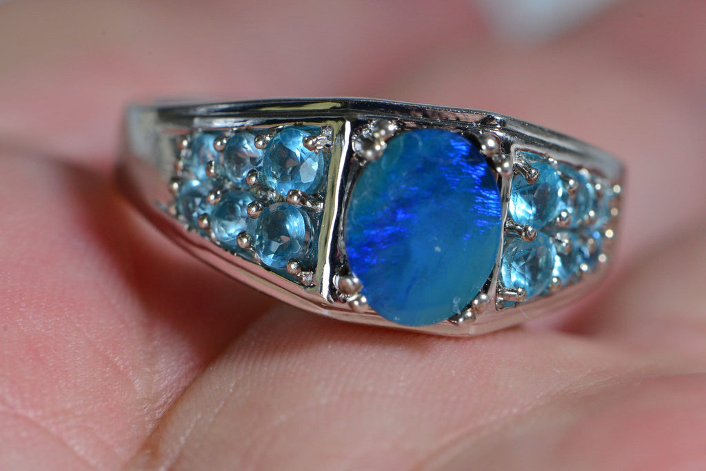 Australian Boulder Opal Ring: Sterling Silver Apatite Multi Stone