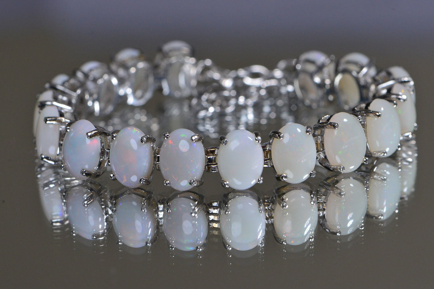 Australian White Opal Bracelet: Sterling Silver Prong Set Gemstone