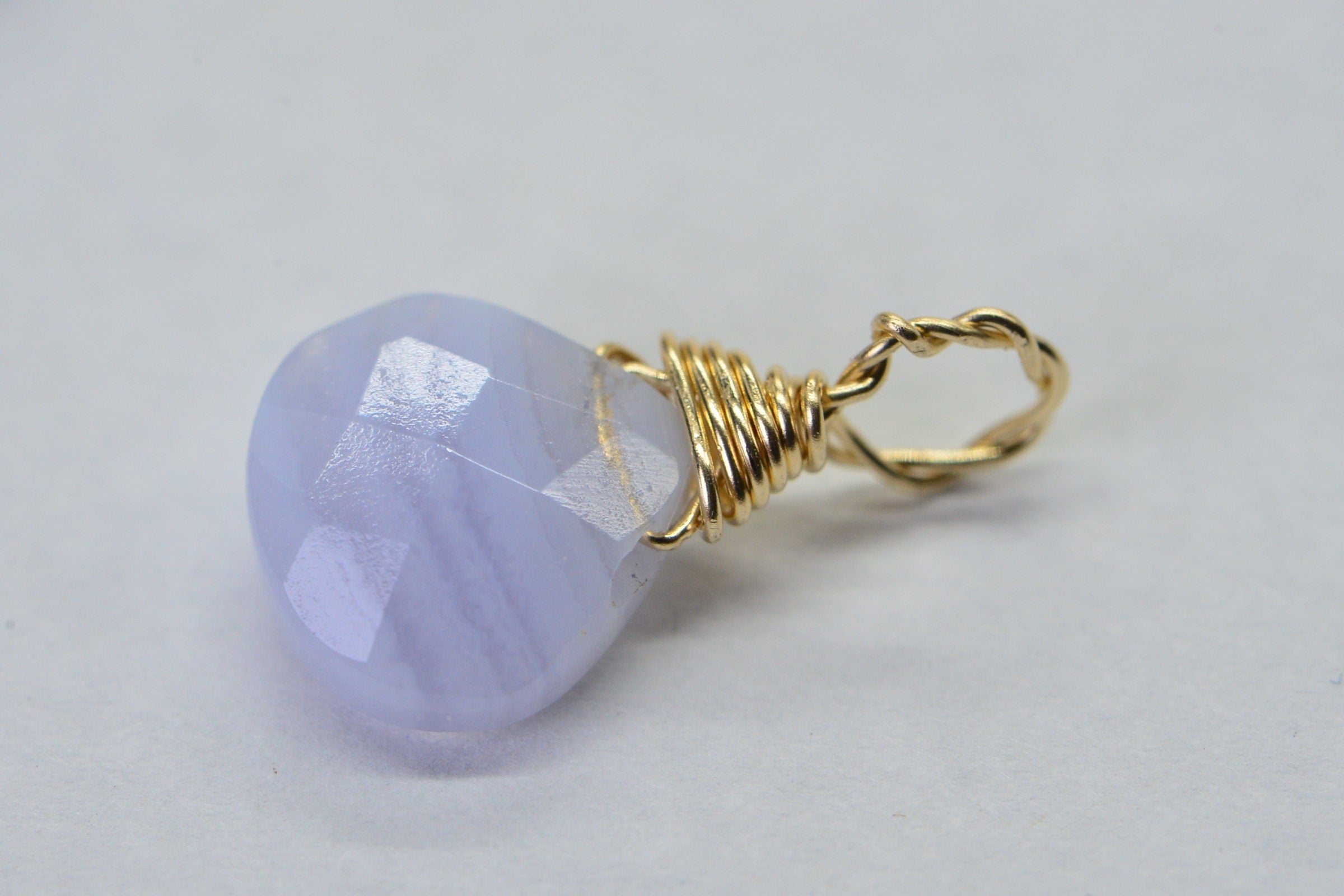 9mm Blue Lace Agate hearts teardrop wire wrapped 14K yellow gold filled