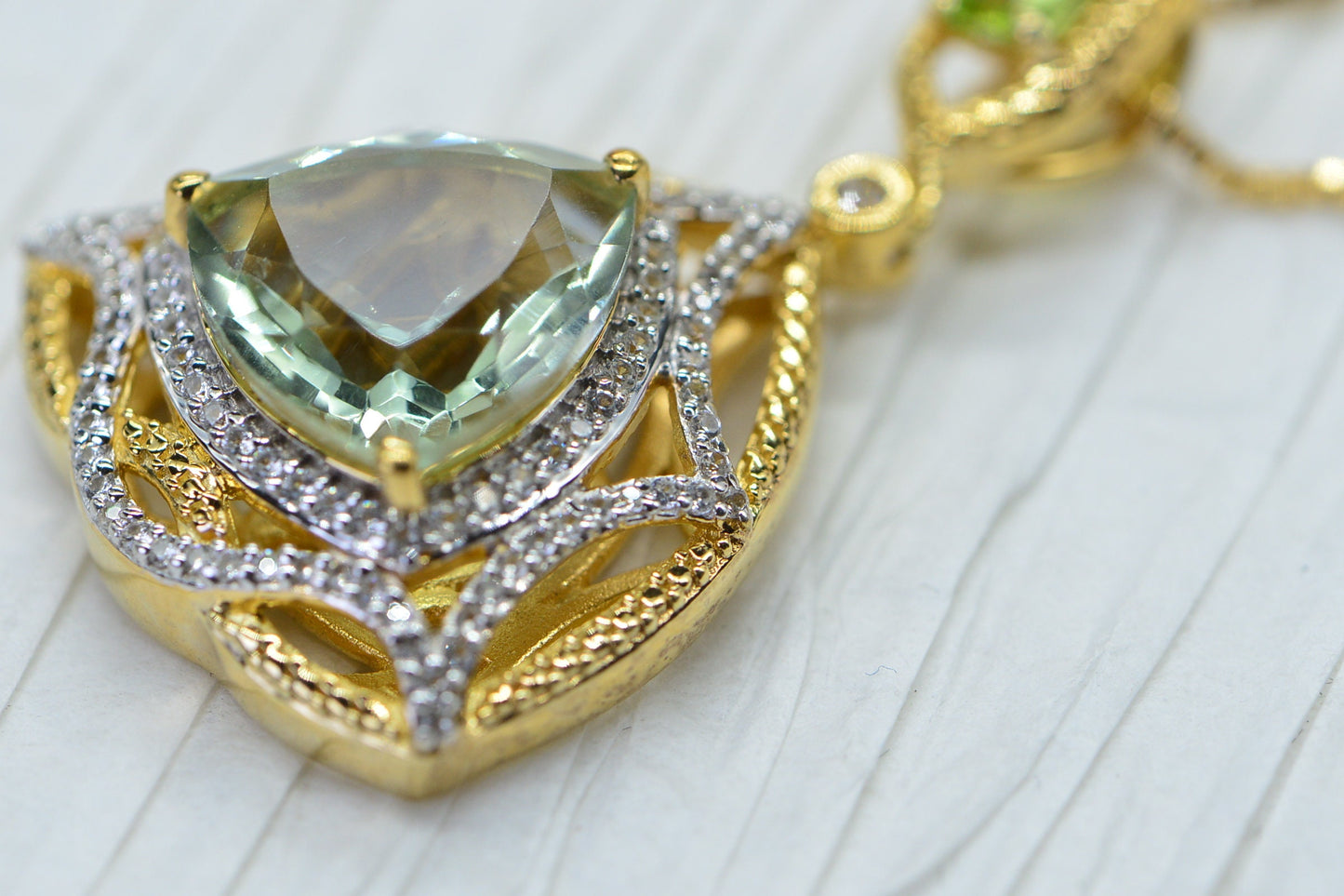 Pale Green Amethyst Natural Pendant Natural Peridot Emerald cutting Halo Style  Gold Vermeil Necklace