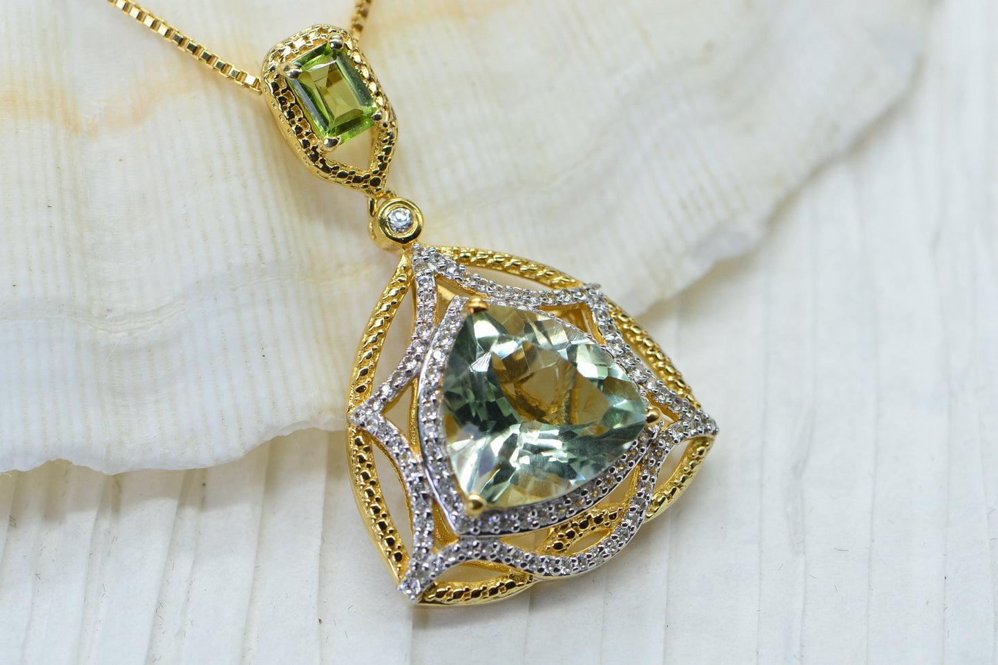 Pale Green Amethyst Natural Pendant Natural Peridot Emerald cutting Halo Style  Gold Vermeil Necklace