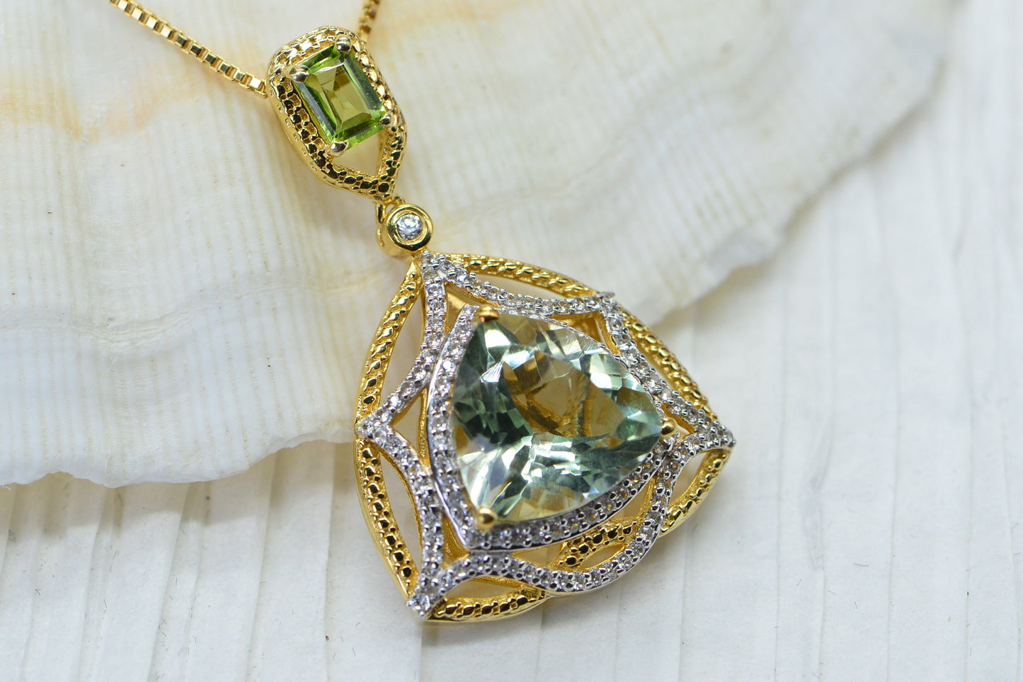 Pale Green Amethyst Natural Pendant Natural Peridot Emerald cutting Halo Style  Gold Vermeil Necklace