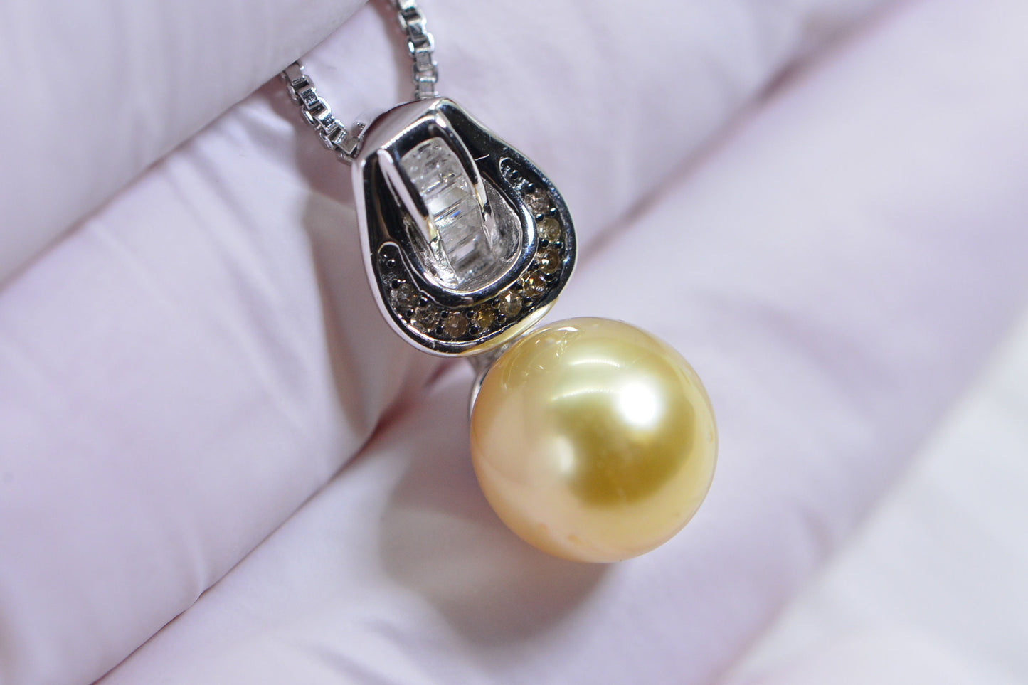 South Sea Golden Pearl Pendant: Diamond Sterling Silver Necklace