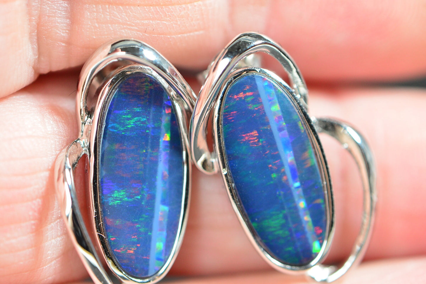 Black Opal Earrings: Sterling Silver Bezel Set, October Birthstone
