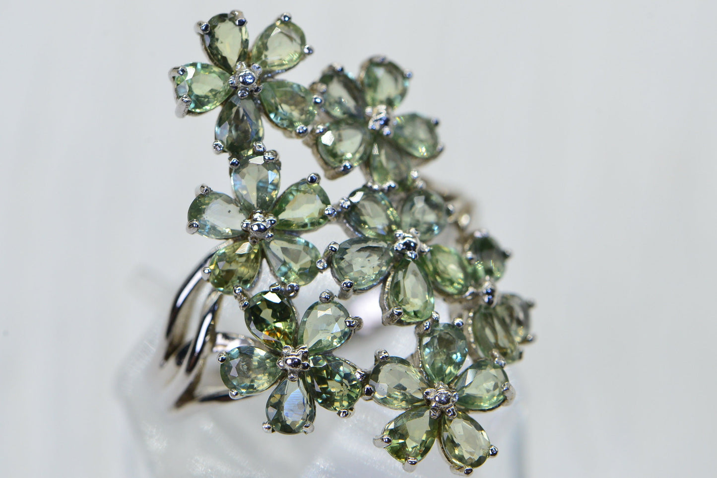 Natural Green Sapphire Flower Design Ring Multi Stone Cluster  Sterling Silver  Vintage Ring