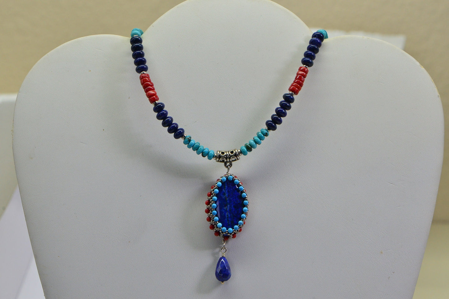 Lapis Lazuli Coral Turquoise Bead Necklace with Lariat pendant beaded