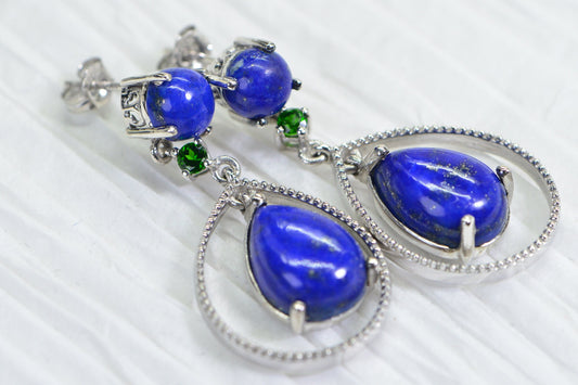 Lapis Lazuli Teardrop Dangle Earrings: Sterling Silver & Chrome Diopside