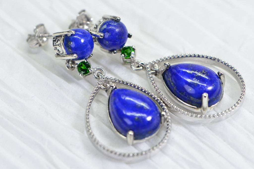 Lapis Lazuli Teardrop Dangle Earrings: Sterling Silver & Chrome Diopside