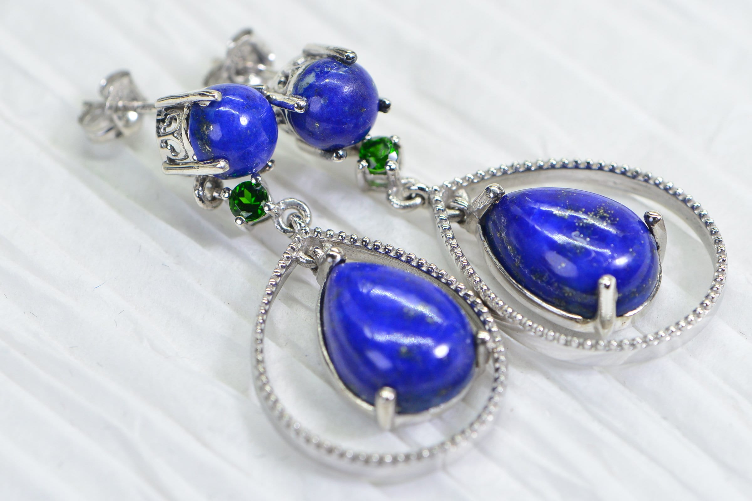 Lapis Lazuli Teardrop Dangle Earrings: Sterling Silver & Chrome Diopside