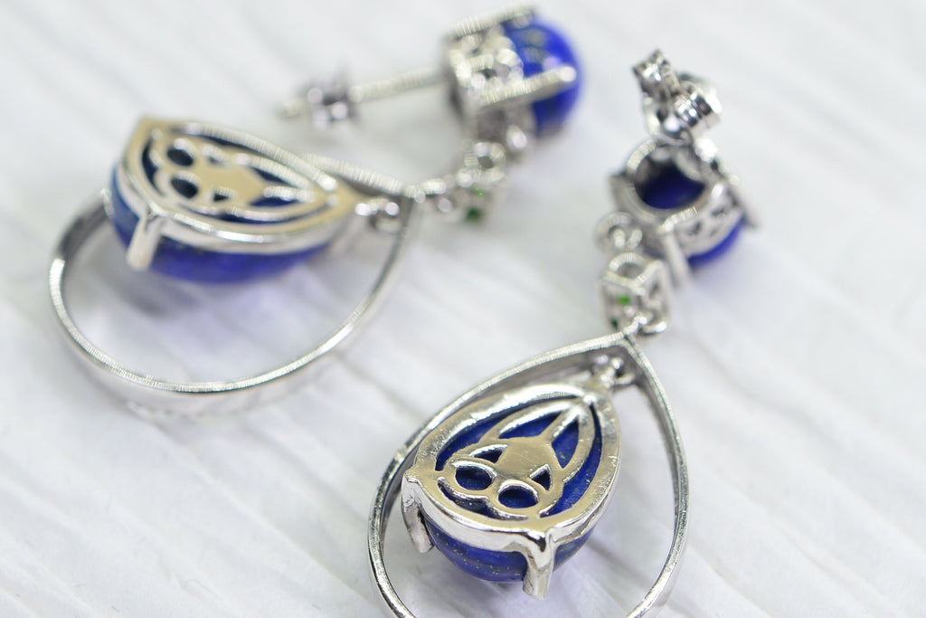 Lapis Lazuli Teardrop Dangle Earrings: Sterling Silver & Chrome Diopside