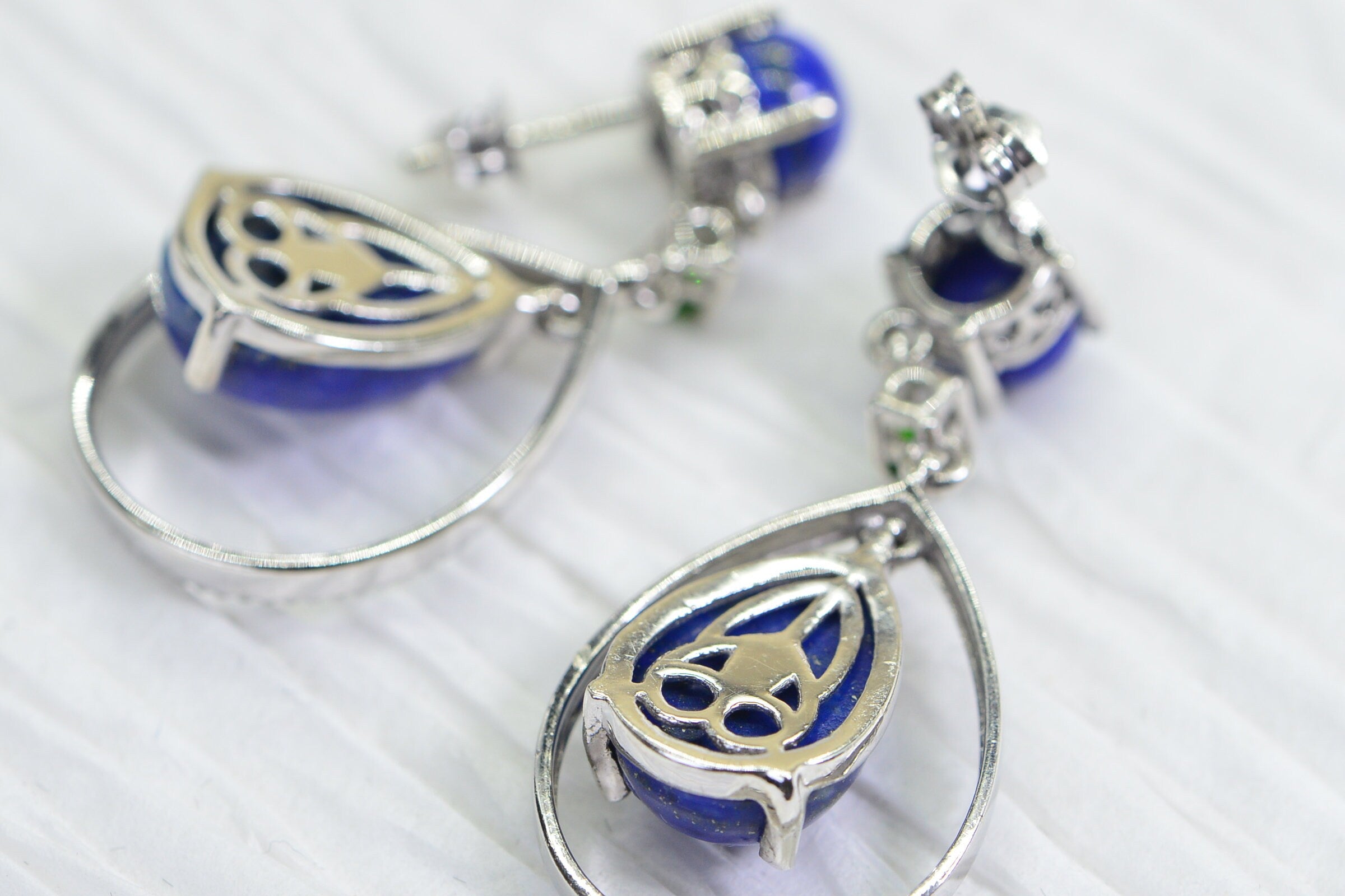 Lapis Lazuli Teardrop Dangle Earrings: Sterling Silver & Chrome Diopside