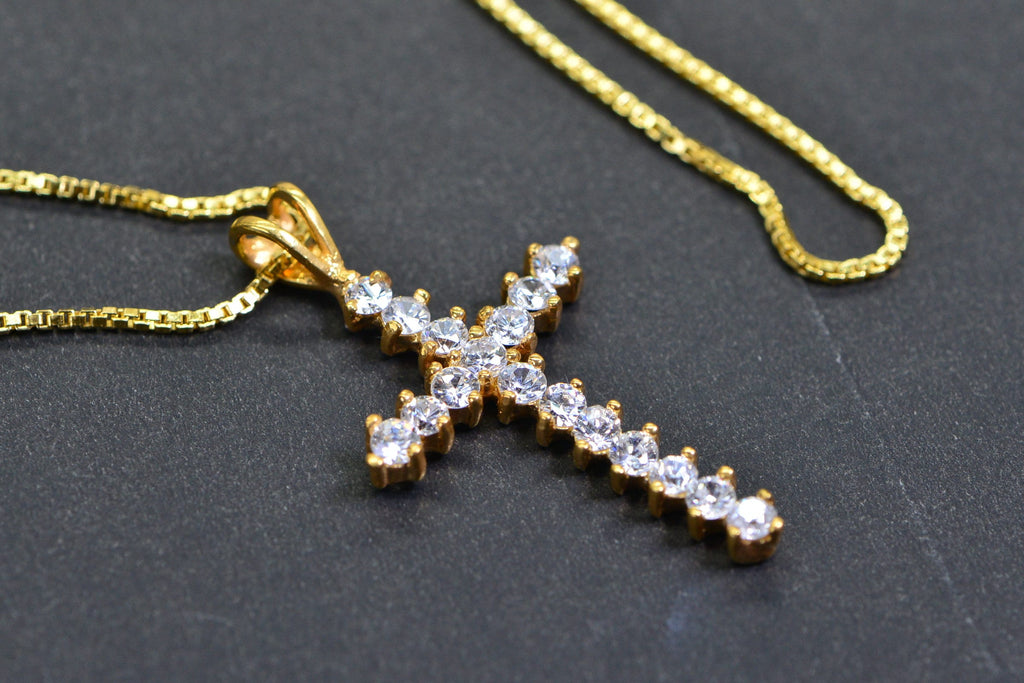 24K Yellow Gold Over Sterling silver Diamond  Cross Pendant Necklace Religious Jewelry