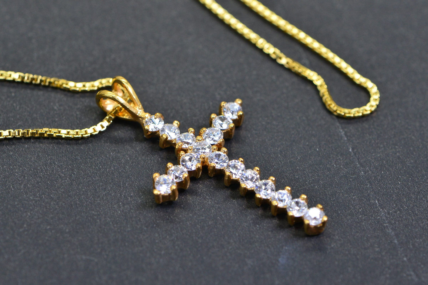 24K Yellow Gold Over Sterling silver Diamond  Cross Pendant Necklace Religious Jewelry