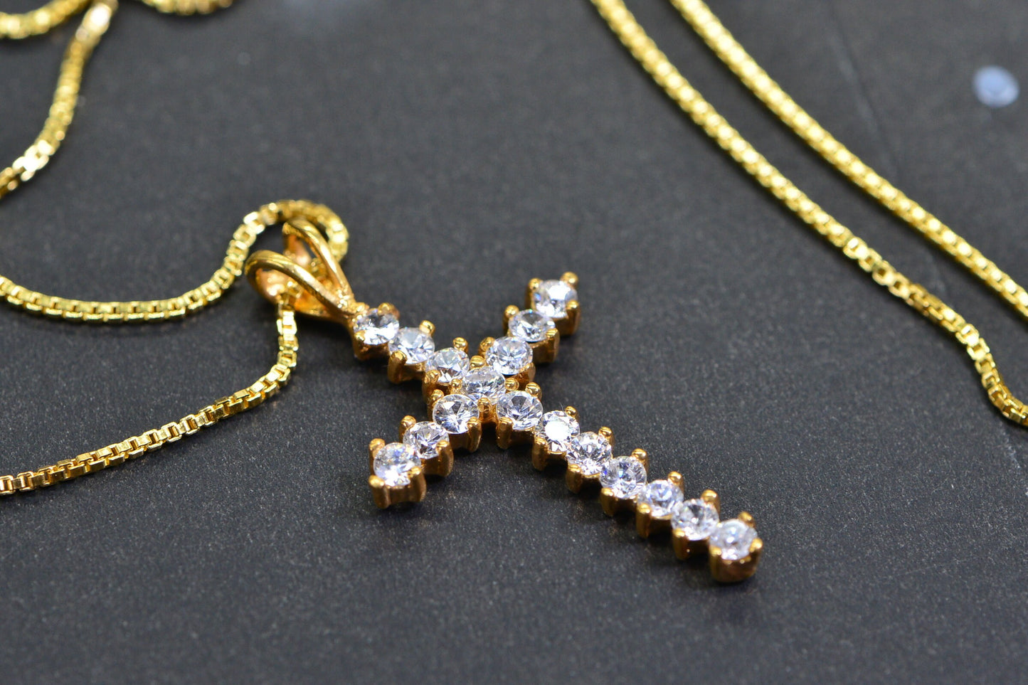 24K Yellow Gold Over Sterling silver Diamond  Cross Pendant Necklace Religious Jewelry