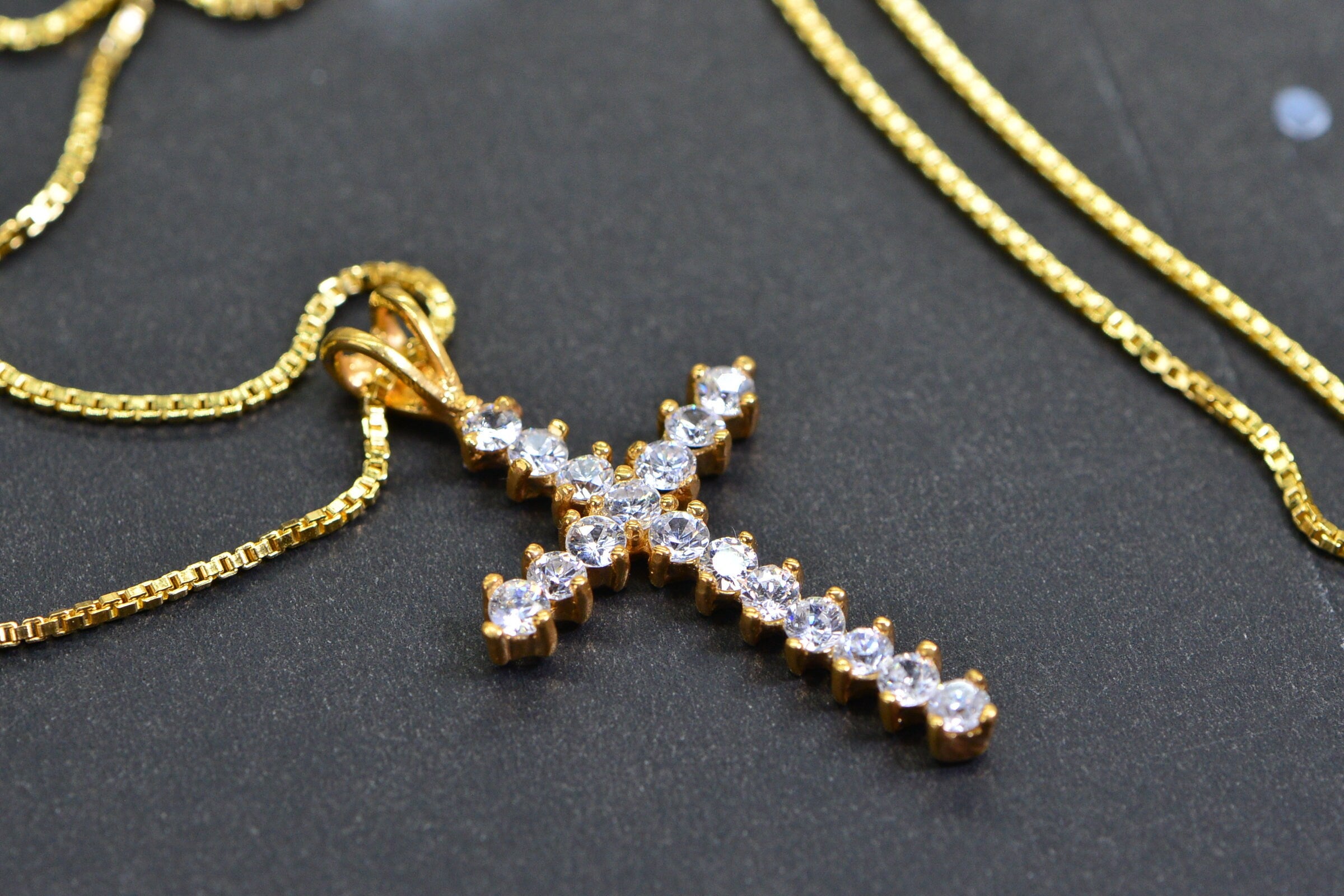 24K Yellow Gold Over Sterling silver Diamond  Cross Pendant Necklace Religious Jewelry