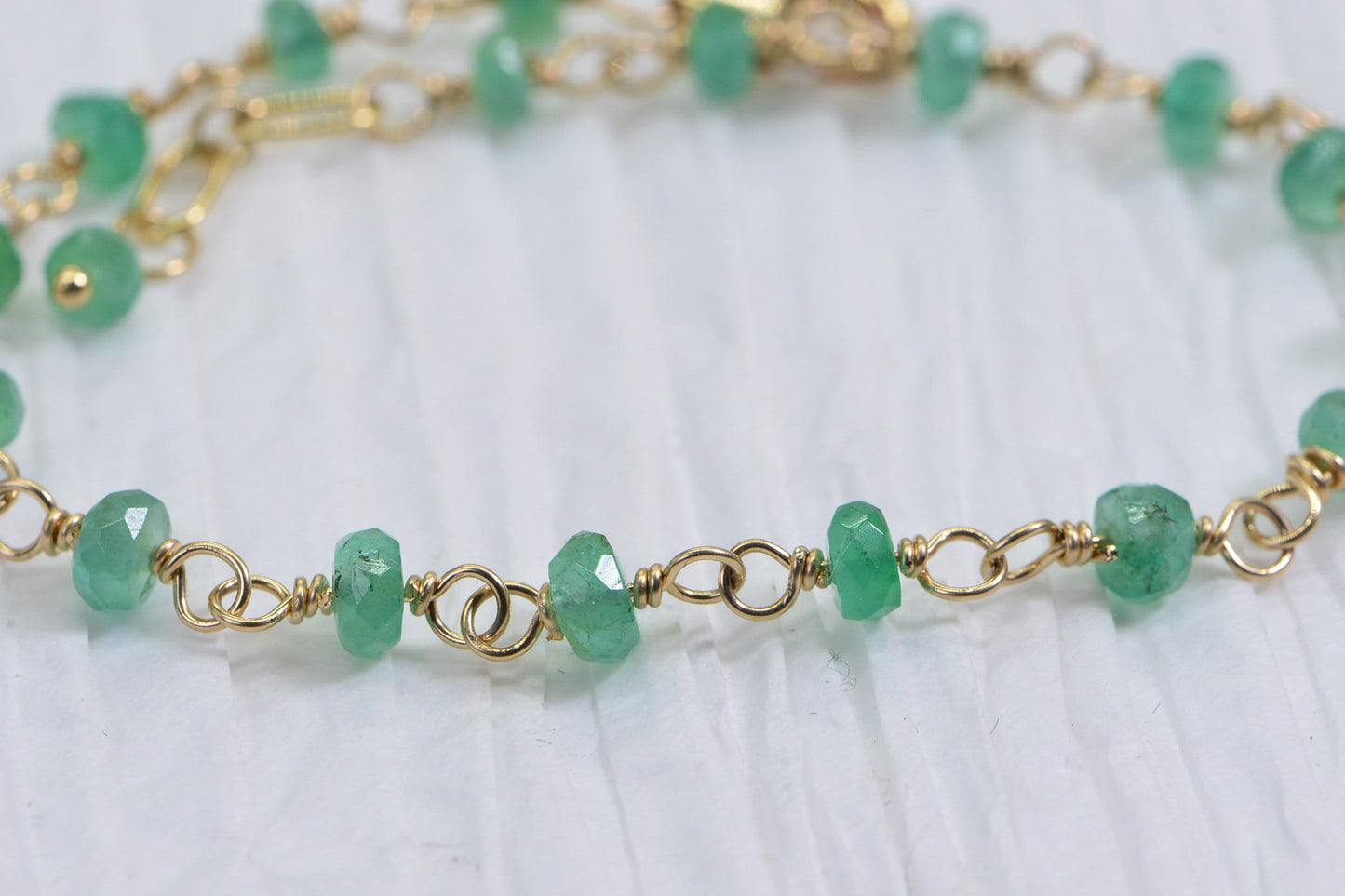 Handmade Emerald Bracelet: 14K Gold Filled Wire Wrapped Chain, May Birthstone