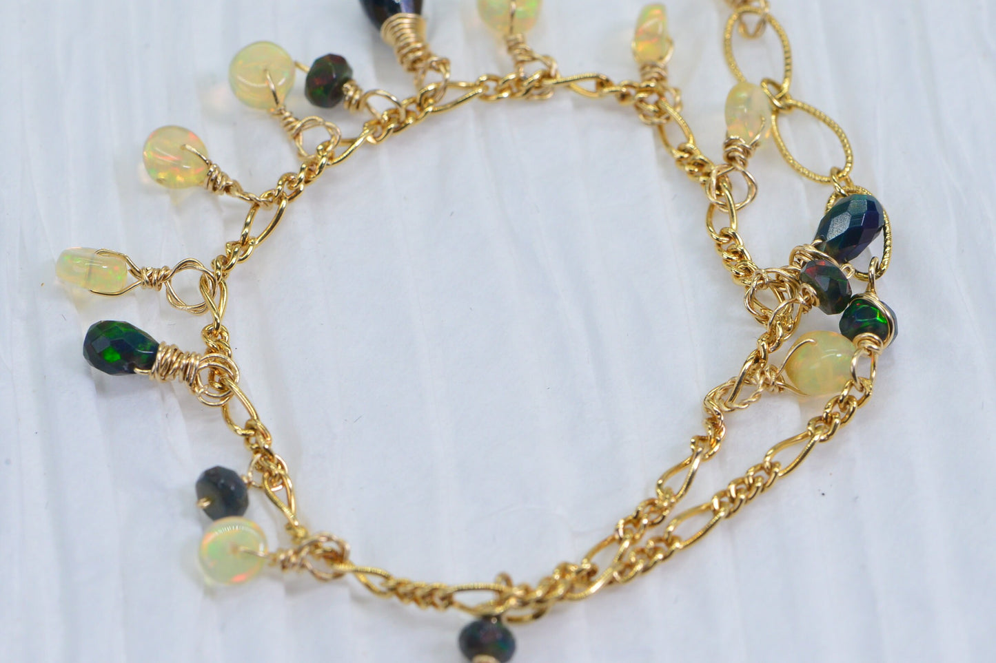 Ethiopian Welo Opal Bracelet: 14K Gold Filled Dainty Wire Wrapped Jewelry