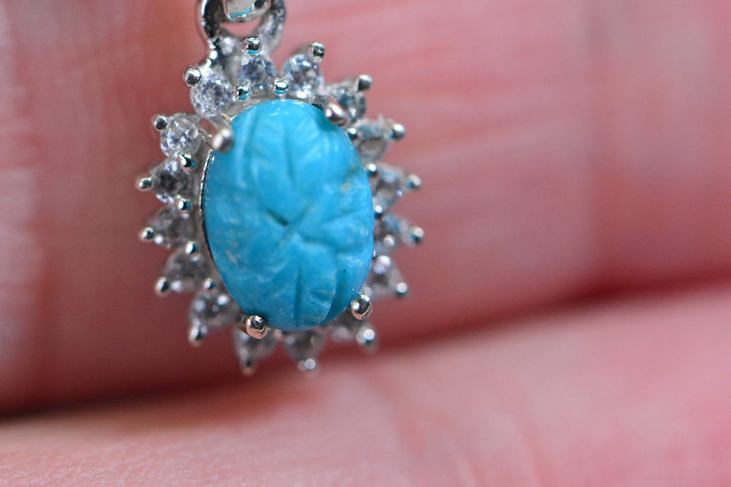 Sleeping Beauty Turquoise Flower Pendant: Sterling Silver Halo, Vintage Style
