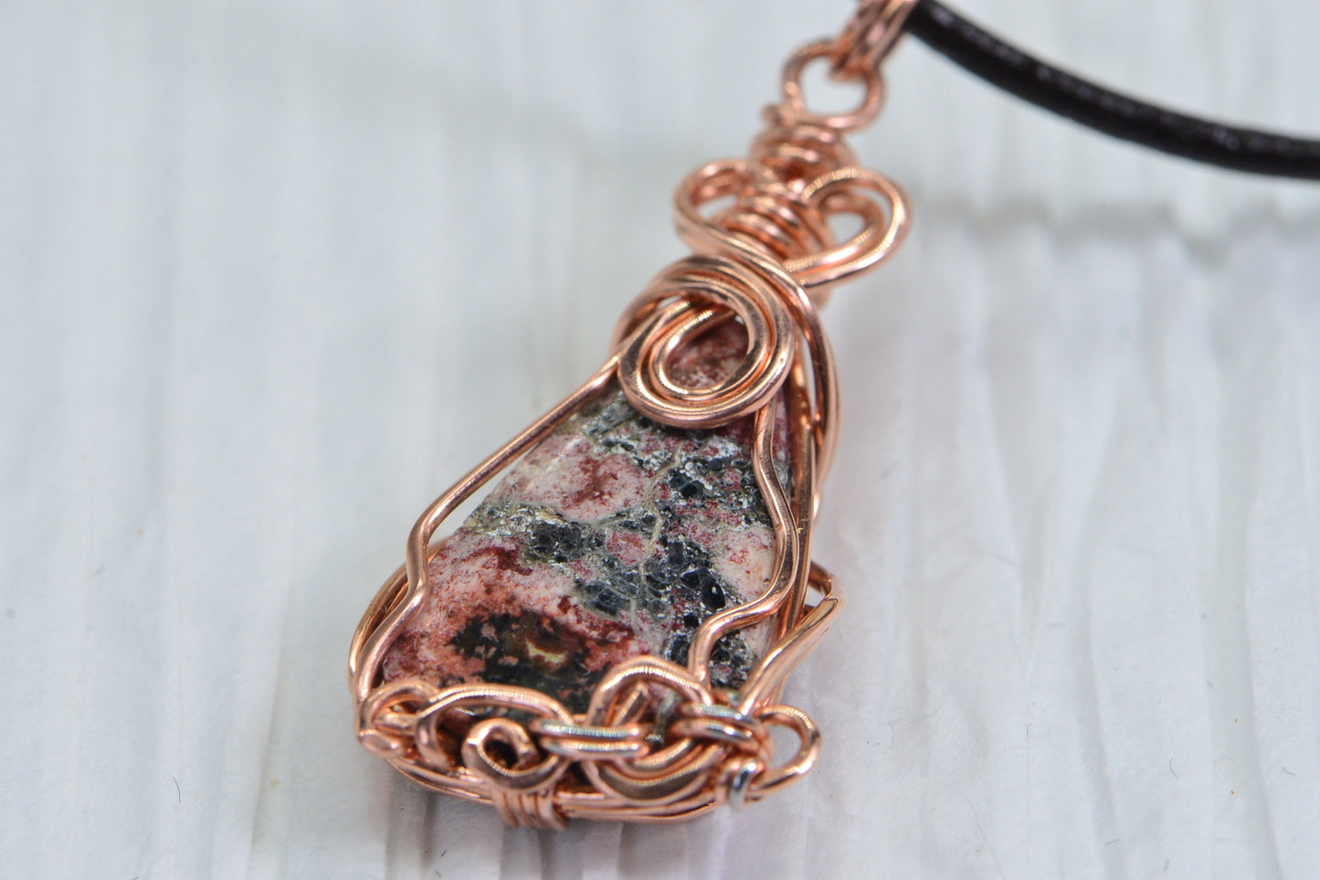 Leopard Skin Jasper Wire Wrapped Copper Pendant Leather Necklace 32inch Amulet Protection Necklace