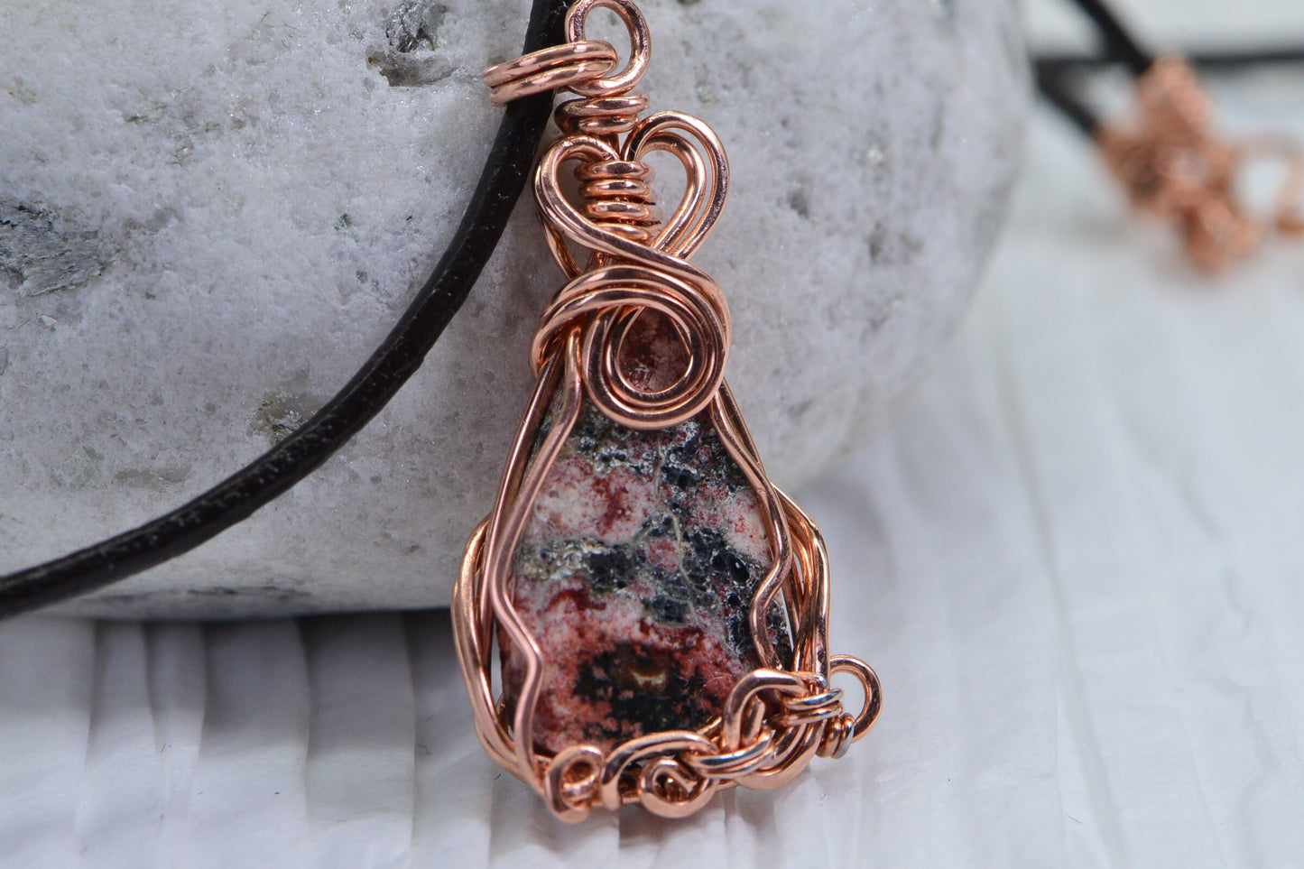 Leopard Skin Jasper Wire Wrapped Copper Pendant Leather Necklace 32inch Amulet Protection Necklace