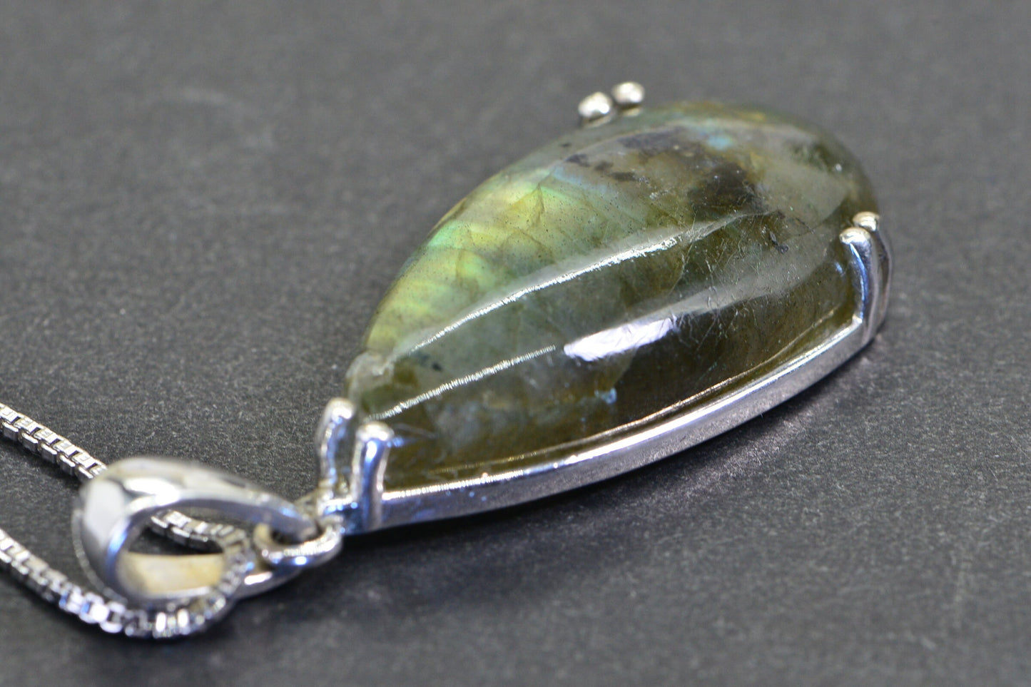 Labradorite Teardrop Pendant: Sterling Silver Gold Blue Flash Crystal