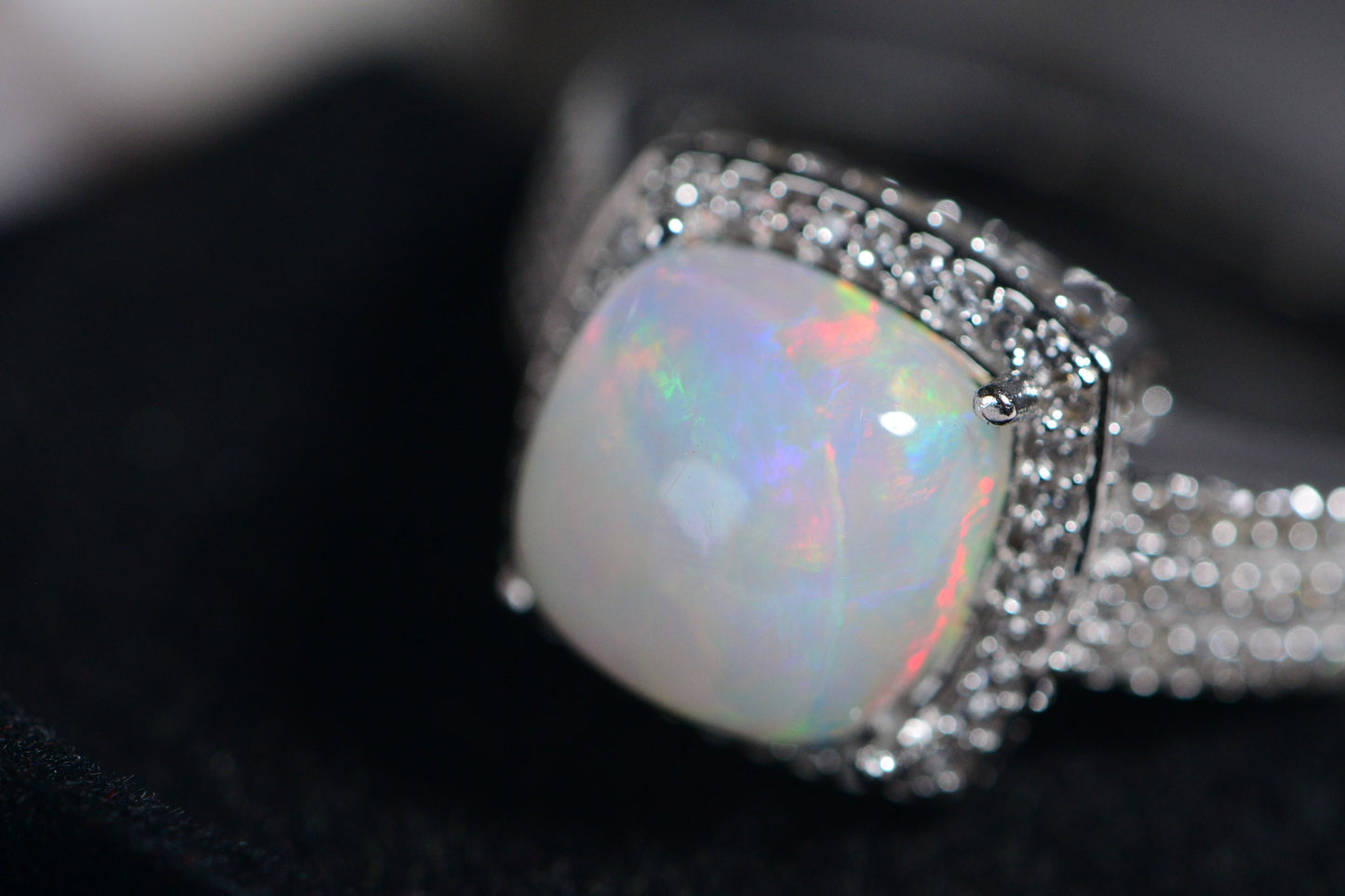 White Opal Ring: Cushion Cut Halo, Sterling Silver October Birthstone