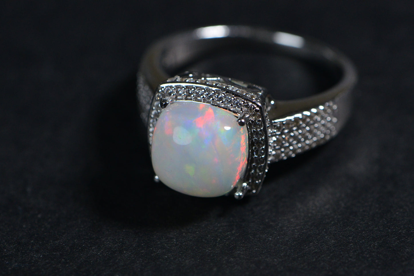 White Opal Ring: Cushion Cut Halo, Sterling Silver October Birthstone