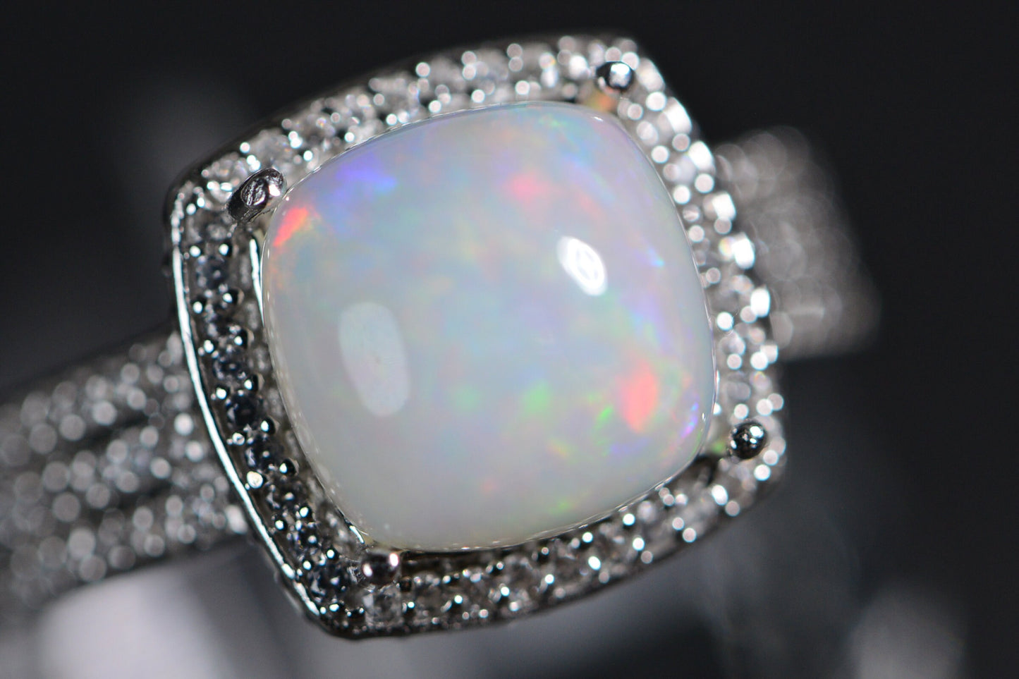 White Opal Ring: Cushion Cut Halo, Sterling Silver October Birthstone