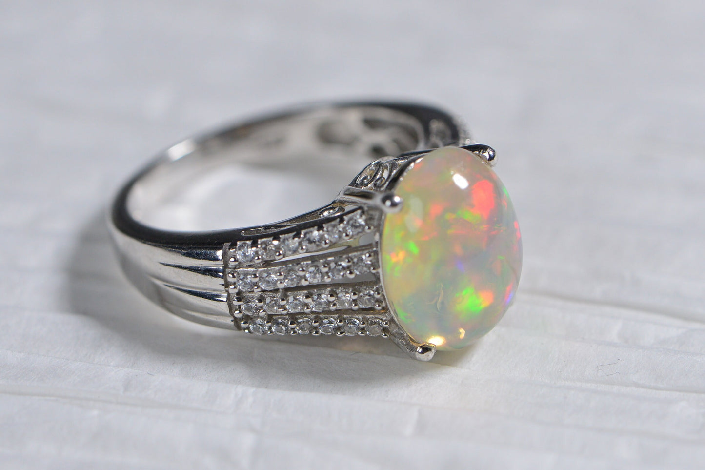 Ethiopian Opal Ring: Sterling Silver Halo, October Birthstone