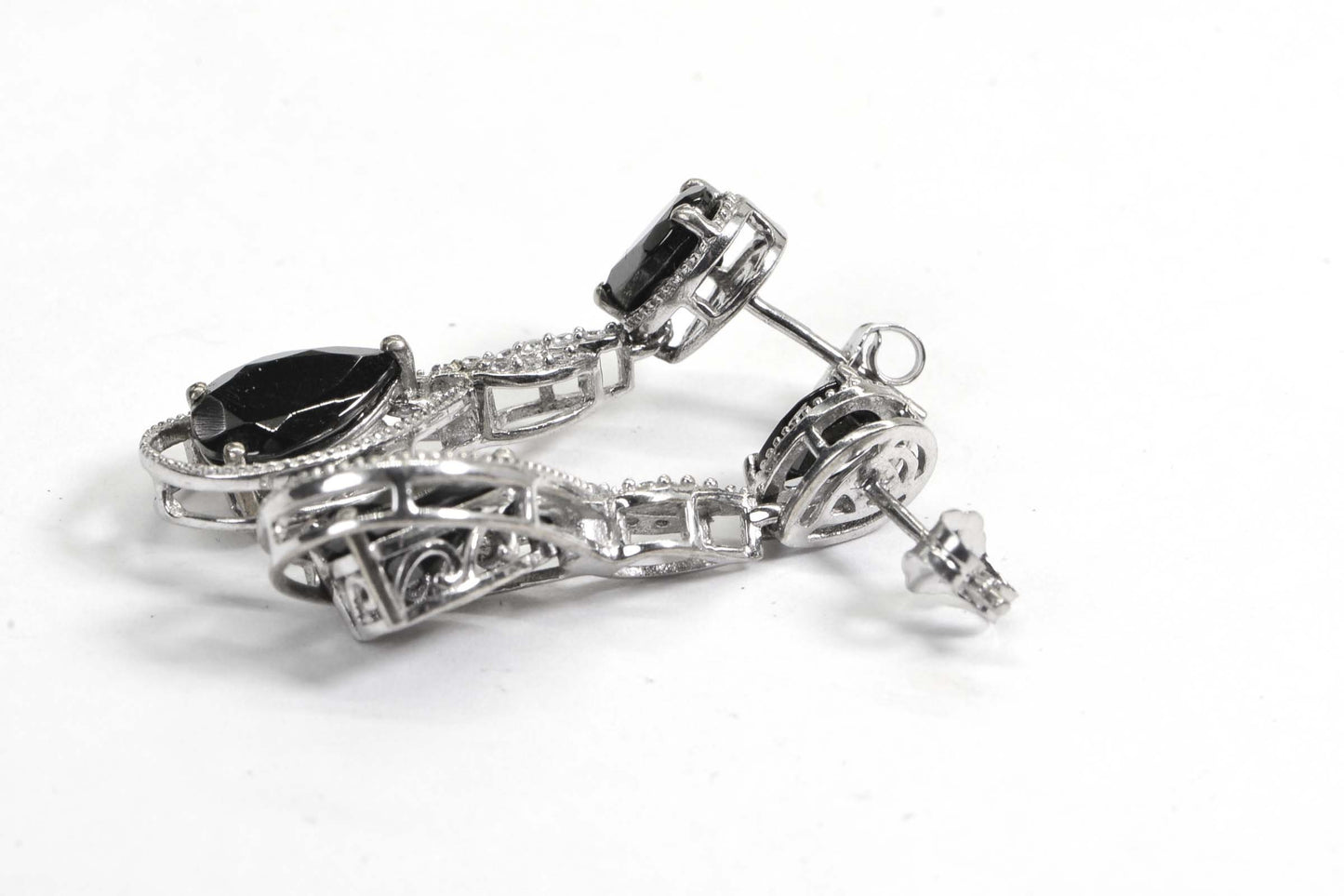Black Spinel Teardrop Earrings: Sterling Silver Floral Post Earrings