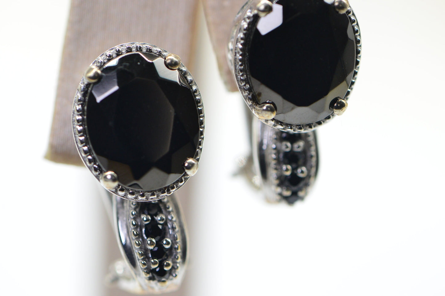 Black Onyx Sterling Silver Earrings, Faceted Oval Studs