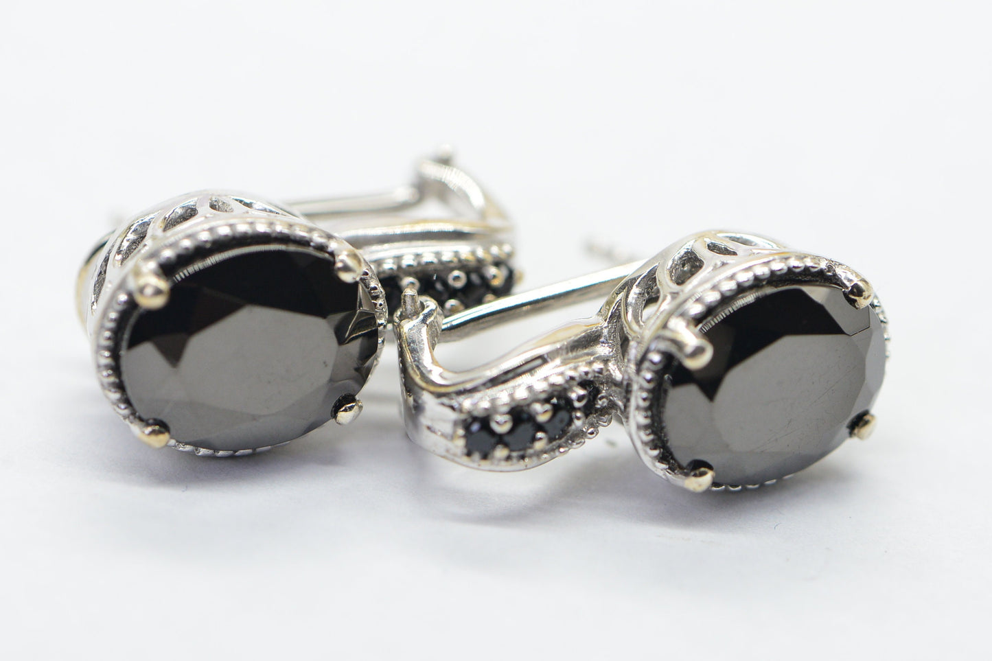 Black Onyx Sterling Silver Earrings, Faceted Oval Studs