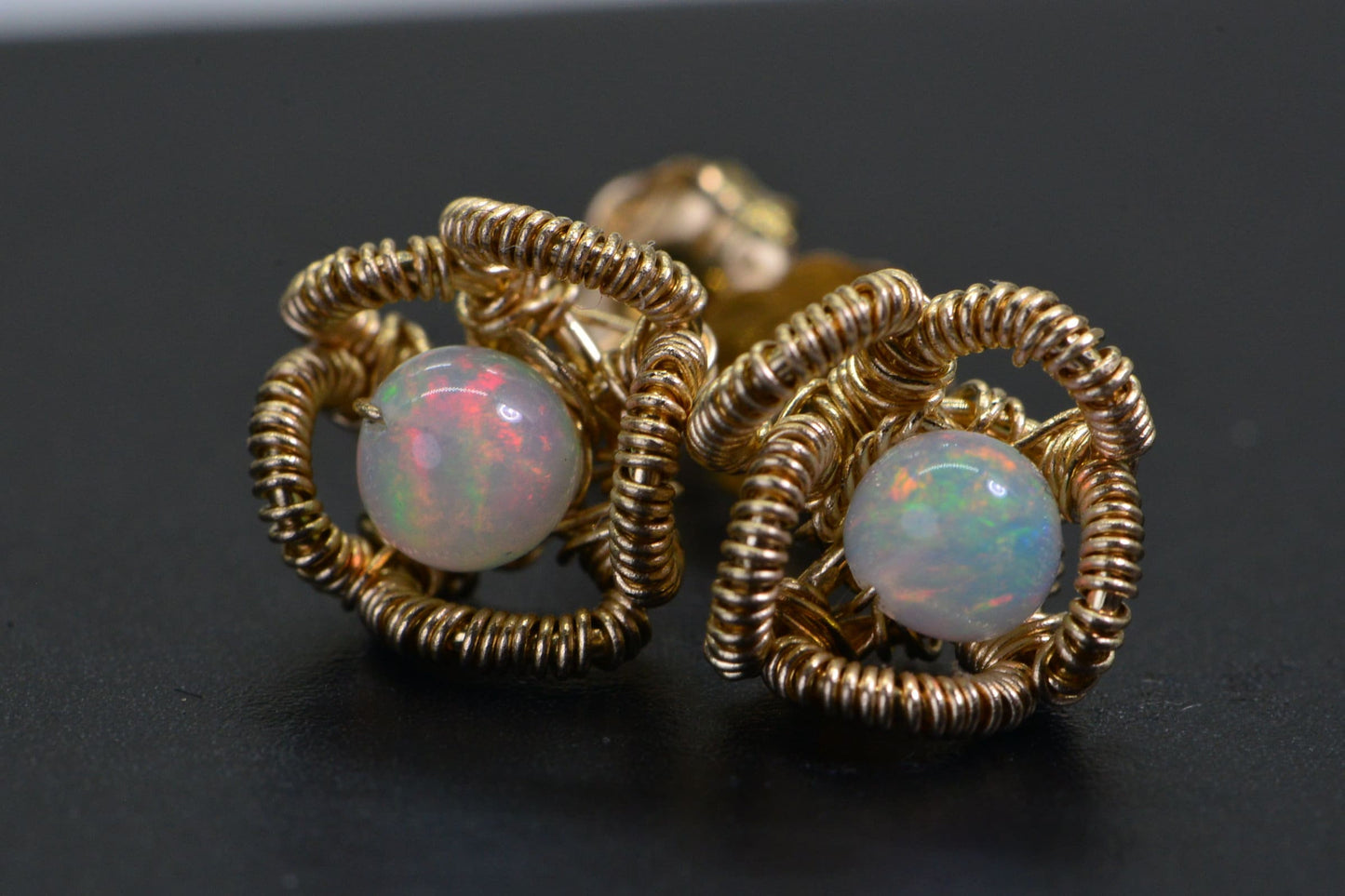 Handmade Ethiopian Opal Stud Earrings: 14K Gold Filled Flower