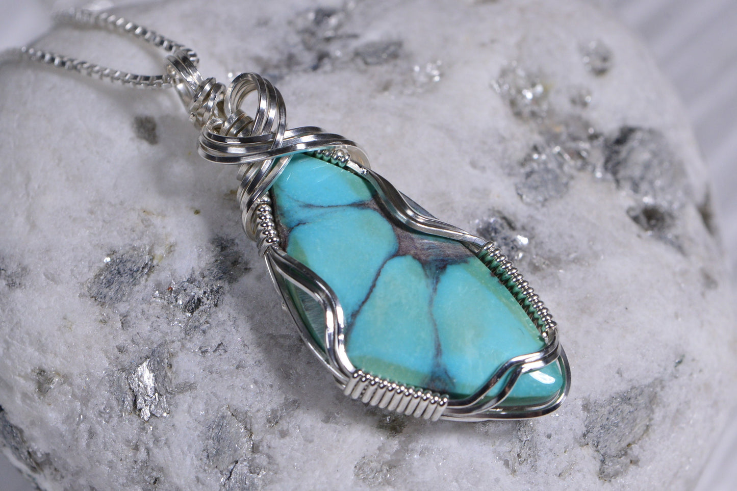 Sterling Silver Wire Wrapped Turquoise Pendant, December Birthstone