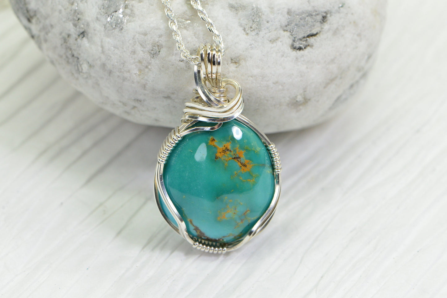 Kingman Turquoise Pendant, Sterling Silver Wire Wrapped Jewelry