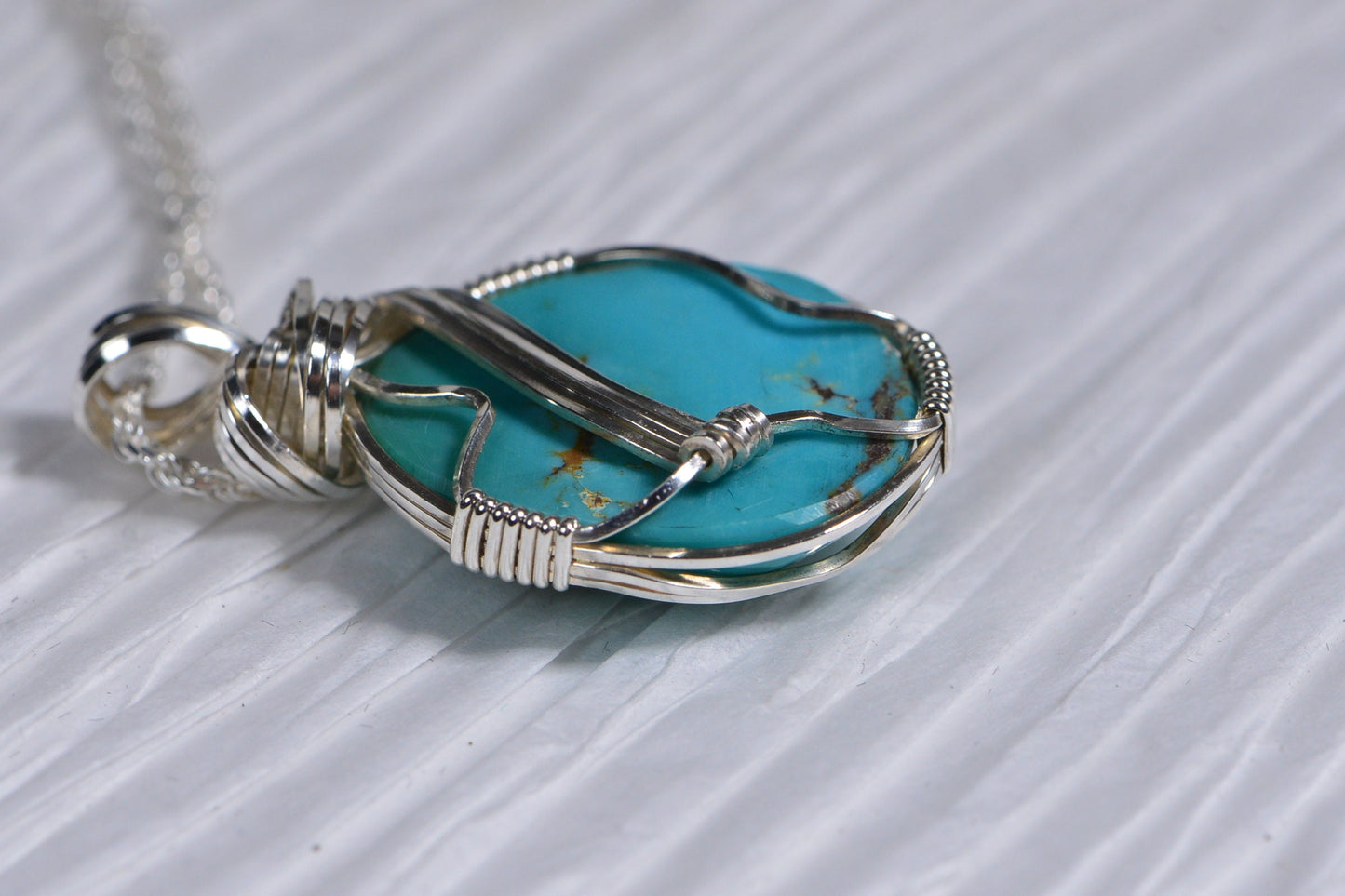 Kingman Turquoise Pendant, Sterling Silver Wire Wrapped Jewelry